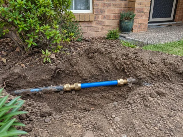Exposed repaired water pipe in a dirt trench beside a brick house and garden in Penrith
