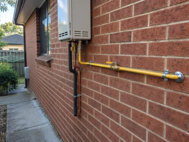 Finished exterior gas pipework and fittings on a brick house wall in St Marys